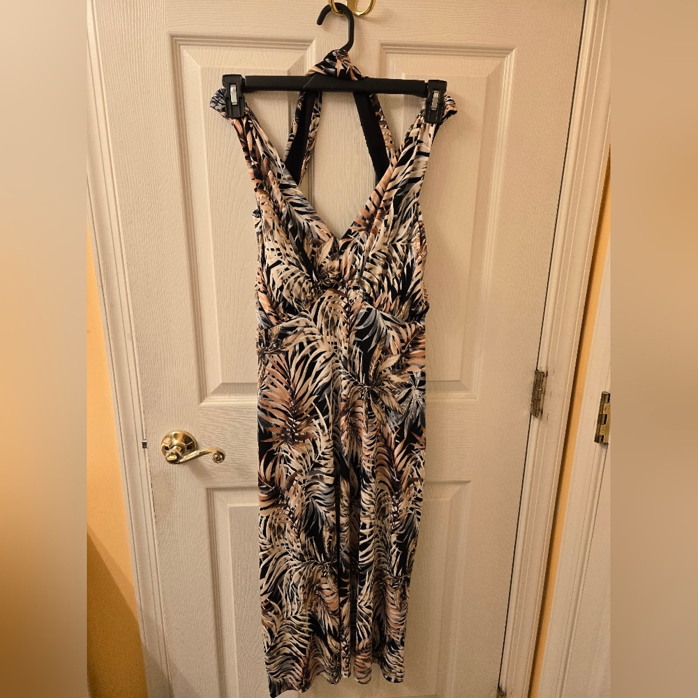 Connected Apparel Leaf Print Halter Combo Dress - Black, Tan, Cream